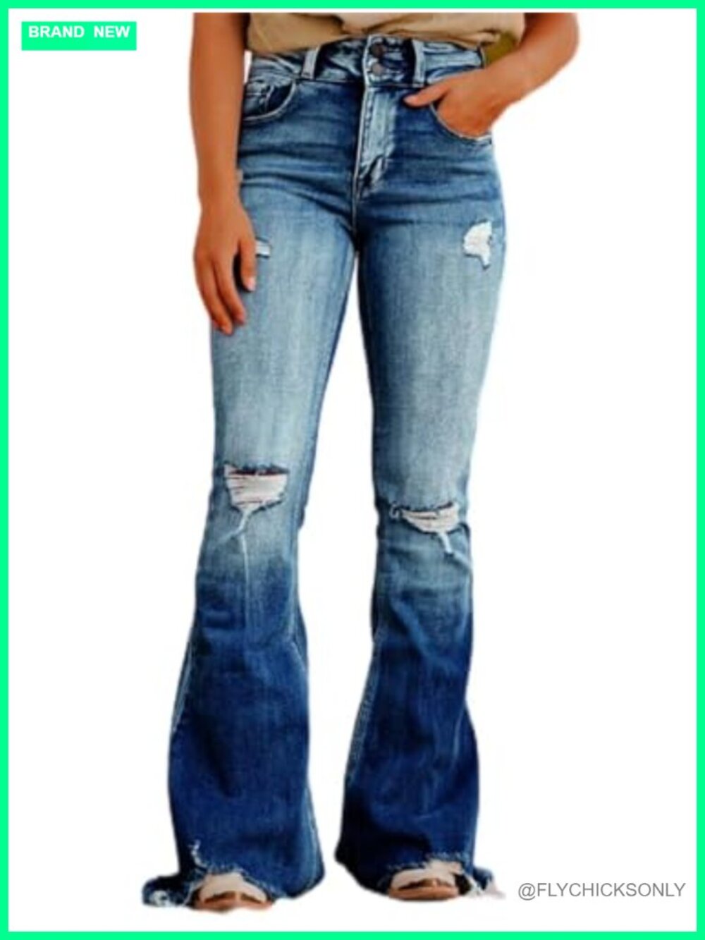 High Waist Ripped Bell Bottom Jeans Wide Leg Flare Stretch